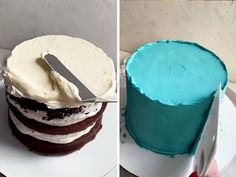 two pictures side by side one has a cake and the other has a knife in it