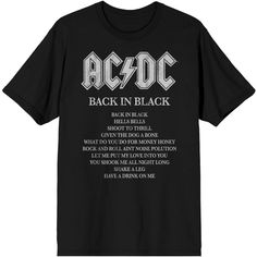 You're back in black any time you wear this awesome tee! This fun ACDC t-shirt showcases original artwork with distressed lettering to give it a worn-in vintage look. This comfy shirt is made of high-quality, premium cotton material, and is professionally printed to ensure long-lasting color and print quality. It can be machine washed in cold water with like colors, and tumble dried on low for easy and convenient care. The ACDC Back In Black Song List Men's Black T-shirt is an officially license Washed Black Band Merch T-shirt With Graphic Print, Black Band Merch T-shirt With Logo, Black Band Logo T-shirt With Relaxed Fit, Black Band Logo T-shirt Relaxed Fit, Black Band Logo T-shirt In Relaxed Fit, Black Relaxed Fit T-shirt With Band Logo, Black Fan Apparel T-shirt With Text Print, Vintage Black T-shirt With Letter Print, Vintage Black T-shirt With Relaxed Fit