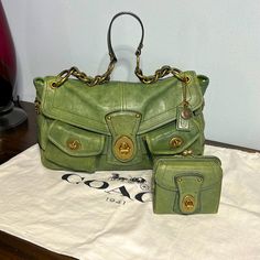 Another Coach Set. This Time Is A Juniper Green Leigh Satchel/Shoulder Bag With Vintage Brass Hardware, Turnlock Closures, Hangtag/Medallion And Leather Woven/Chain Shoulder Strap. So Far No Dustbag Found. Wear Consistent With 16 Year Old Bag But Amazing Nonetheless Imho. Satchel: 14.5” Length - 8.5” Tall - 5” Depth - 12” Strap Drop Didn’t See Another Set Listed. Ask Questions Via The Posh Comments, And Thanks So Much For Checking Out My Closet! Juniper Green, Bag Closet, Coach Legacy, Vintage Coach Bags, Woven Chain, Thrift Fashion, Balenciaga Bag, Fit Ideas, Leather Weaving