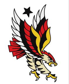 an eagle with red, white and yellow wings on it's head is flying in the air