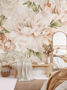 a bed room with a flower wallpaper and a mirror