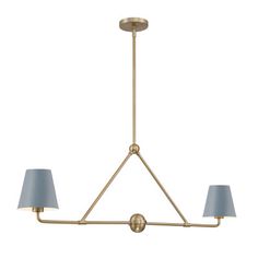 a brass chandelier with three blue shades on the bottom and one light in the middle