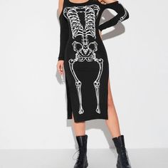 Never Worn. Bought A Few Different Options But Only Keeping One For Halloween. Long Black Skeleton Dress Black Stretch Dress For Halloween, Fitted Skull Print Dress For Spring, Fitted Skull Print Dresses For Spring, Spring Fitted Dress With Skull Print, Edgy Black Halloween Dress, Fitted Gothic Dress With Skull Print, Black Edgy Dress With Skull Print, Casual Fitted Dress With Skull Print, Edgy Black Dress With Skull Print