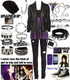 "Never will I forget you, and all the memories past." by rukiakuchiki12341 ❤ liked on Polyvore Emo Business Casual Outfits, Purple Outfits Ideas, Scene Clothes, Emo Guy, Mode Rockabilly, Emo Clothes, Scene Style, Septum Piercings