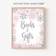 a pink and silver christmas card with the words books & gifts written in snowflakes