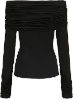 Off-shoulder Ruched Blouse For Fall, Fall Off-shoulder Ruched Blouse, Party Long Sleeve Ruched Off-shoulder Top, Off-shoulder Ruched Blouse For Night Out, Black Off-shoulder Top For Fall Party, Ruched Long Sleeve Off-shoulder Top For Party, Black Ruched Off-shoulder Top, Ruched Off-shoulder Blouse For Night Out, Chic Black Stretch Off-shoulder Top