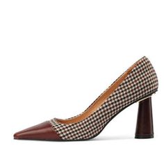 Dixie Vintage Plaid Slip on Heels Fall Court Shoes With Contrasting Heel Counter, Fall High Heel Court Shoes With Contrasting Heel, High Heel Court Shoes With Contrasting Heel For Fall, Brown Fall Court Shoes With Reinforced Heel, Brown Court Shoes With Reinforced Heel For Fall, Leather Cap Toe Heels For Fall, Brown High Heel Court Shoes For Fall, Vintage Heels For Office In Fall, Vintage Closed Toe Heels For Fall