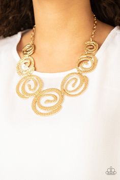 Gradually increasing in size, hammered gold swirls link below the collar for a statement-making finish. Features an adjustable clasp closure.Sold as one individual necklace. Includes one pair of matching earrings. Hammered Gold Ring, Rose Gold Bar, Rose Gold Frame, Hammered Gold, Paparazzi Accessories, Gold Snake, Paparazzi Jewelry, Necklace Earring Set, Jewelry Party