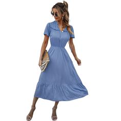 Blue Lace-up Swing Short Sleeve Holiday Dress Blue Solid Color Midi Dress For Day Out, Holiday Craft, Holiday Dress, Women Dresses, Holiday Dresses, Blue Lace, Maxi Dresses, Dresses Maxi, Blue Dresses