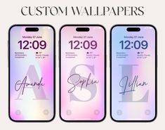 three iphones with custom wallpapers displayed in different colors and font on them