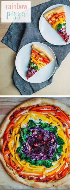 rainbow pizza with cheese and vegetables on it, next to the same piece of pie