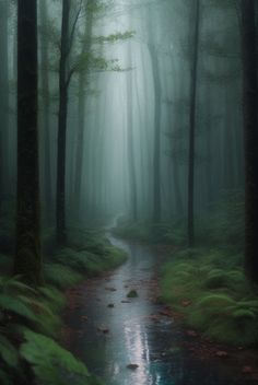 a path in the middle of a forest on a foggy day with water running through it