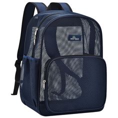 a blue backpack with mesh detailing on the front