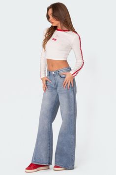 Jeans Low rise waist Wide flared leg Denim fabric 100% Cotton Model wears size S Model height is 5'8 Item care: Wash with similar color Fruit Clothing, Low Rise Wide Leg Jeans, Gothic Harajuku, Visionary Fashion, Harajuku Street, Street Clothing, Denim Jeans Fashion, Swimwear Dress, Striped Sleeve