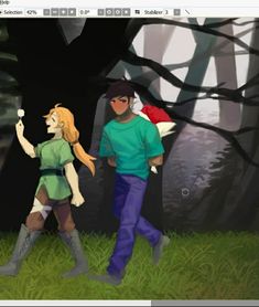 an animated image of two people walking in the grass with trees behind them and one person holding a kite