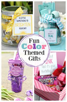 some jars filled with different items and the words fun color themed gifts