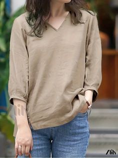 Zlily - Classic V Neck 3/4 Sleeve Blouse for Women - Elegant Solid Color Casual Top Khaki V-neck Top For Spring, Spring V-neck Khaki Blouse, Spring Khaki V-neck Blouse, Casual Beige Half Sleeve Blouse, Blouse For Women, Casual Blouse, Casual Top, Casual Tops, Sleeve Blouse