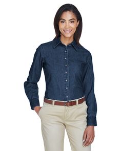 Ladies' 6.5 oz. Long-Sleeve Denim Shirt - DARK DENIM - M | Harriton Women's 6.5 oz. Long-Sleeve Denim Shirt in Dark Size Medium Denim Flats, Flat Felled Seam, Blue Denim Shirt, Long Sleeve Denim Shirt, Dress Shirts For Women, Light Wash Denim, Light Denim, Office Outfits, Dark Denim