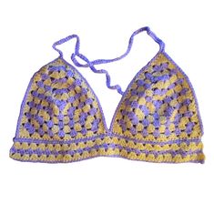 Loose Fitting Bralette Made With Acrylic Yarn. Granny Square Stitch, 4 Ties For Comfortable Fit. Fits A Large To Xl Or D To Small Dd Bust Lilac And Yellow Yellow Triangle Halter Top For Spring, Spring Yellow Triangle Halter Top, Yellow Triangle Top For Spring, Yellow Triangle Halter Top For Summer, Yellow Triangle Top Halter For Beachwear, Yellow Triangle Halter Top For Beachwear, Yellow Triangle Halter Top For Vacation, Fitted Yellow Halter Top For Beach Season, Yellow Halter Neck Top For Festival