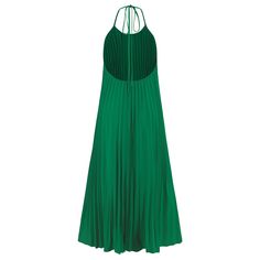 The Eleanor Pleated Halter Maxi Dress in green is the perfect summer statement piece. With its flattering pleated design and halter neckline, this dress effortlessly combines style and comfort. Perfect for any occasion, this dress will make you stand out from the crowd. (Fashion-forward and fuss-free, the Eleanor Pleated Halter Maxi Dress will keep you looking and feeling cool this summer!) Size Guide: Model is 5’8” tall, and has a 33.7” bust, 24.4” waist, & 35.6” hips. She is wearing a S / US 4 / AU 8. This dress is true to size. Material: 100% Polyester. Feature: Halter neck. Sleeveless. Pleated. Plisse Skirt. Maxi length. Care Instructions: Machine wash / Cold hand wash Green Halter Neck Dress For Date Night, Green Halter Neck Dress For Evening, Chic Green Backless Midi Dress, Green Midi Dress With Pleated Bodice For Evening, Green Backless Halter Dress For Evening, Green Halter Neck Sleeveless Evening Dress, Green Pleated A-line Maxi Dress, Chic Green A-line Pleated Dress, Chic Summer A-line Pleated Dress