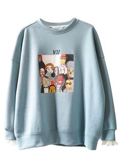 Comfy Blue Casual O-Neck Print Fall Sweatshirt - SooLinen Light Blue Graphic Print Sweatshirt For Fall, Fall Light Blue Sweatshirt With Graphic Print, Comfortable Room, Fall Sweatshirt, Cup Size, Latest Fashion Trends, Graphic Sweatshirt, Loose Fitting, Hand Wash