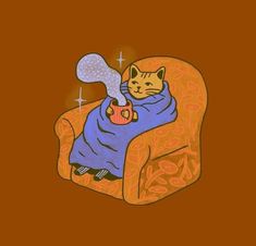 a drawing of a cat wrapped in a blanket sitting on a chair with a squirrel