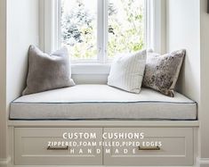 a window seat with pillows on it and the words custom cushions zippered from filled - ripped edges