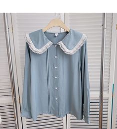 Style: commuting Size: one size Color: apricot, white, blue Elegant Blue Top With Lace Collar, Elegant Blue Blouse With Lace Collar, Cute Lace Collar Tops For Workwear, Workwear Tops With Cute Lace Collar, Blue Doll Collar Top For Spring, Blue Lace Collar Top For Summer, Doll Collar, Shirt Women, Cute Shirts