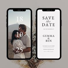 two iphones with save the date cards on them, one showing an image of a man and woman