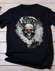 A horrifying skull T-shirt perfect for those who love edgy, alternative fashion. This T-shirt is ideal for Halloween, gothic events, or everyday wear for anyone looking to make a statement. Product features - Made with 100% lightweight Airlume combed and ring-spun cotton for breathability - Retail fit for casual and semi-formal settings - Features side seams for structural support and shoulder tape for stability - Ribbed knit collar with seam for shape retention - Manufactured in a humane, sustainable way by Bella+Canvas Care instructions - Machine wash: cold (max 30C or 90F) - Non-chlorine: bleach as needed - Tumble dry: low heat - Iron, steam or dry: medium heat - Do not dryclean Gothic Tees, Halloween Gothic, Skull T Shirt, Skull Tshirt, Knit Collar, Alternative Fashion, Halloween Shirt, Semi Formal, Unisex Clothing