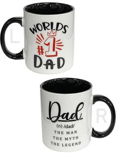 two black and white coffee mugs with the words world's 1 dad on them