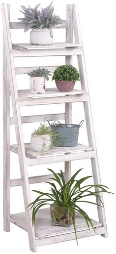 a white ladder shelf with potted plants on top and one plant in the bottom