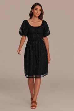 Black Lace Short Sleeve Square Neck Midi Dress Party Midi Dress With Lace Trim Fit And Flare, Black Knee-length Dress With Lace Trim, Black Lace Knee-length Midi Dress, Black Lace Knee-length Dress, Black Knee-length Lace Dress, Lace Trim Knee-length Midi Dress For Night Out, Black Midi Lace Dress For Party, Black Lace Midi Dress For Night Out, Black Midi Lace Dress For Night Out