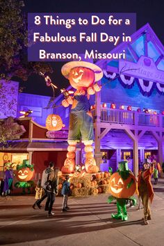 halloween decorations and pumpkins in front of a house with the words 8 things to do for a fabulous fall day in branon, missouri