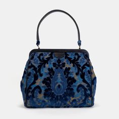 Burnout Velvet Navy Alma Shoulder Bag Carpet Bag of America front Evening Satchel Bag With Dust Bag Included, Evening Satchel With Dust Bag Included, Elegant Top Handle Hobo Bag For Travel, Elegant Hobo Bag With Detachable Handle For Travel, Elegant Shoulder Bag With Removable Pouch For On-the-go, Elegant Travel Hobo Bag With Detachable Handle, Elegant Crossbody Bag For On-the-go, Elegant Baguette Bag For On-the-go, Evening Rectangular Hobo Bag With Top Carry Handle