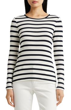 Breton stripes give a bracing look to this trim-fitting cotton-jersey T-shirt. 24 1/2" length (size Medium) Crewneck Long sleeves 100% cotton Machine wash, line dry Imported Casual Fitted Tops With Horizontal Stripes, Fitted Horizontal Stripe Crew Neck Top, Vertical Striped Fitted Tops, Stretch Crew Neck Top With Contrast Stripes, Fitted Tops With Contrast Stripes For Spring, Fitted Spring Tops With Contrast Stripes, White Cotton Tops With Horizontal Stripe Pattern, Fitted Top With Striped Sleeves, Fitted Contrast Stripes Crew Neck Top