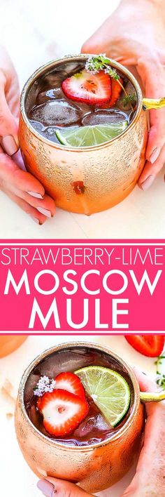 strawberry lime moscow mule cocktail in a copper bowl