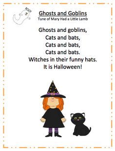 an orange haired girl in a witches hat with a black cat on her lap and the words, ghosts and goblins, cats and bats,