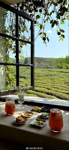 a table with drinks and food on it in front of a window overlooking a field