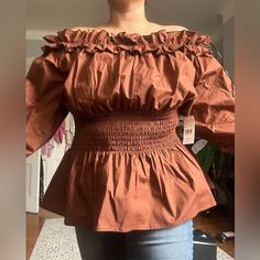 Fashion To Figure Chic. Great, Stretchy Fabric. Fitted Brown Tops For Brunch, Fitted Brown Top For Brunch, Brown Cotton Tops For Brunch, Brown Cotton Top For Brunch, Trendy Brown Tops For Brunch, Satin Button Down Shirt, Dark Green Blouse, Black Ruffle Top, Tan Blouse