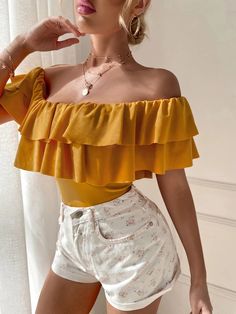 This Casual Off Shoulder Layered Bodysuit is a chic and trendy option for any occasion. The bright yellow color is perfect for adding some sunshine to your wardrobe. It features an off-the-shoulder neckline with a ruffle and tiered layer for added style. The short butterfly sleeves give a feminine touch to the bodysuit. This bodysuit is not sheer, making it easy to wear without any extra layers. Features: Color: Yellow Style: Casual Pattern Type: Plain Neckline: Off the Shoulder Details: Ruffle, Trendy Summer Party Off-shoulder Top, Fitted Off-shoulder Top With Ruffles For Brunch, Fitted Ruffled Off-shoulder Top For Summer, Off-shoulder Top With Ruffles For Brunch, Fitted Off-shoulder Top With Ruffles For Day Out, Fitted Off-shoulder Top With Ruffles For Casual Wear, Fitted Summer Off-shoulder Top, Fitted Trendy Off-shoulder Top With Ruffles, Sleeveless Off-shoulder Top With Ruffles