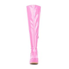 These ravishing thigh-highs feature double platforms, a dramatic 4-inch heel and a square toe that is sure to turn heads. The zipper closure ensures they are easy to slip on and off while the vegan patent leather offers unmatched style. Plus, the wide width provides enhanced comfort, so you can wear them all night long. Wide Calf Thigh High Boots, Thigh High Platform Boots, Western Dress With Boots, Heels Pink, Gogo Boots, Platform Block Heels, Fashion To Figure, Closed Toe Shoes, Faux Leather Heels