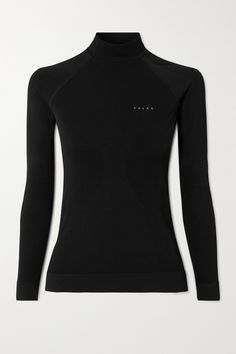 FALKE Ergonomic Sport System combines quality fabrics with performance know how, never compromising style along the way. This stretch-jersey turtleneck top is cut for a second-skin fit and body-mapped with supportive contouring where it counts. It's an ideal base layer. Compression Nylon Sports Tops, Black Elastane Tops For Training, Fitted Turtleneck Top For Sports, Technical Elastane Stretch Tops, Functional Black Elastane Top, Functional Stretch High Neck Tops, Technical Stretch Tops Made Of Elastane, Functional Long Sleeve Elastane Tops, Fitted Sportswear Jersey For Training