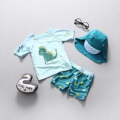 Dinosaur Print 3-piece Swimsuit - Momorii Toddlers Swimwear, Baby Boy Swimwear, Childrens Swimwear, Suit For Boys, Kids Swimsuit, Toddler Swimming, Baby Swimsuit, Baby Swimwear, Long Sleeve Swimsuit