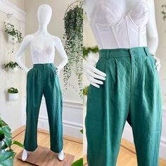 ♡ PLEASE ENLARGE PHOTOS FOR MORE DETAIL ♡ D E T A I L S * modern 1940s style pants  * green linen * high waisted with belt loops * front pleating * two hip pockets * two back welt pockets * comfy straight legs * nylon fly zipper + button closure * unlined * label: Reformation | Made in USA M E A S U R E M E N T S marked modern size: 4 fits like a: small waist: 27-28" hips: 43-44" length: 44" inseam: 31.5" front rise: 13.5" back rise: 17.5" leg width: 26.5" (at top of inseam) C O N D I T I O N Excellent used condition. No issues to note! The stay-stitches on the back pockets haven't even been taken out yet! ➳ Please read store policies prior to purchase. Thank you!! xoxo, Allyson ♥ Visit the shop! http://www.birthdaylifevintage.etsy.com ♥ Follow on Instagram! @birthdaylifevintage http://ins Vintage Wide Leg Linen Bottoms, High-waist Green Linen Pants, High Waist Green Linen Pants, Green High-waist Linen Pants, Fitted Vintage Linen Bottoms, Green Linen High-waisted Pants, Vintage Green Wide-leg Bottoms, Vintage Green Tapered Leg Bottoms, Vintage High-waisted Green Pants