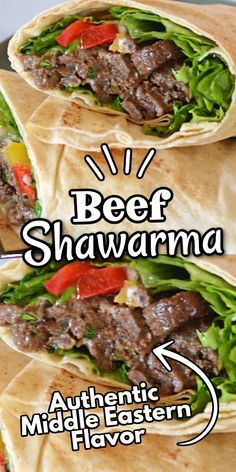 A wrap with strips of beef, red pepper and lettuce. With Pinterest overlay. Steak Shawarma Recipe, How To Make Sharwama At Home, Authentic Shawarma Recipe, Beef Sharwama Recipes, Beef Sharwama, Homemade Shawarma Recipe, Chicken Sharwama Recipe, Sharwama Recipes, Sharma Food