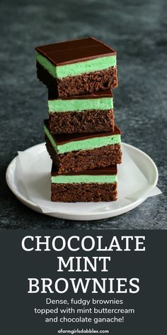 chocolate mint brownies stacked on top of each other with text overlay that reads chocolate mint brownies