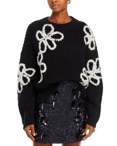 Essentiel Antwerp Eschew Embroidered Sweater Upcycling Projects, Upcycle Sewing, Acrylic Sweater, Black And White Fabric, Black Knit Sweater, Floral Sweater, Embroidered Sweater, Ribbed Sweater, Black Knit