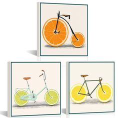 three cards with oranges and bicycles on them