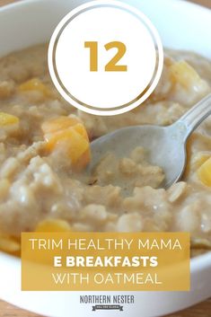 a bowl of oatmeal with a spoon in it and the title reads 12 trim healthy mama e breakfasts with oatmeal